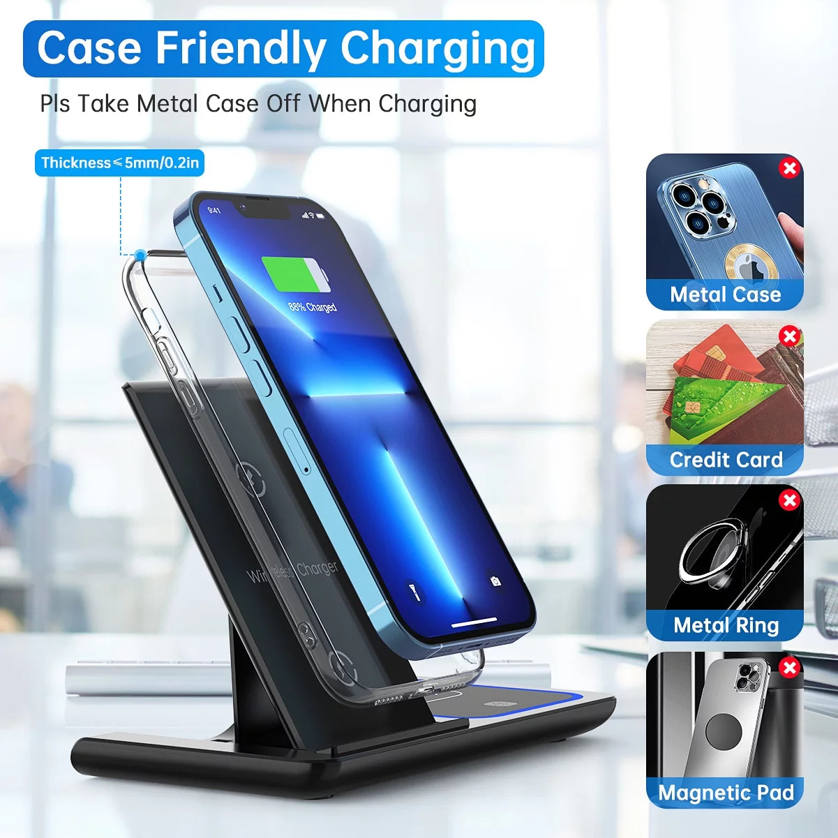 Wireless Charging Station with Fast 18W Charger for iPhone, Apple Watch, and AirPods - Compatible with Various Models